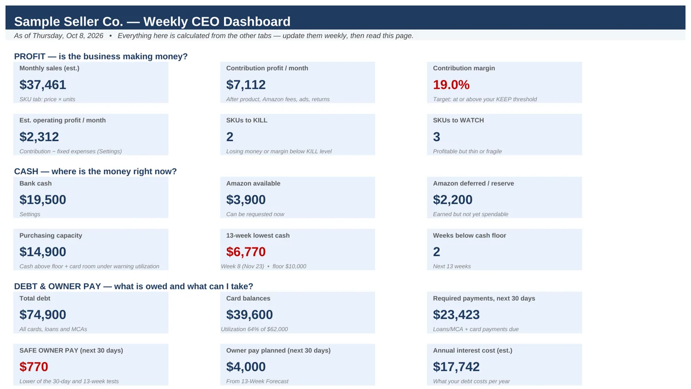 Weekly CEO Dashboard from the Full System showing sample monthly sales, contribution profit, bank cash, Amazon balances, debt and safe owner pay